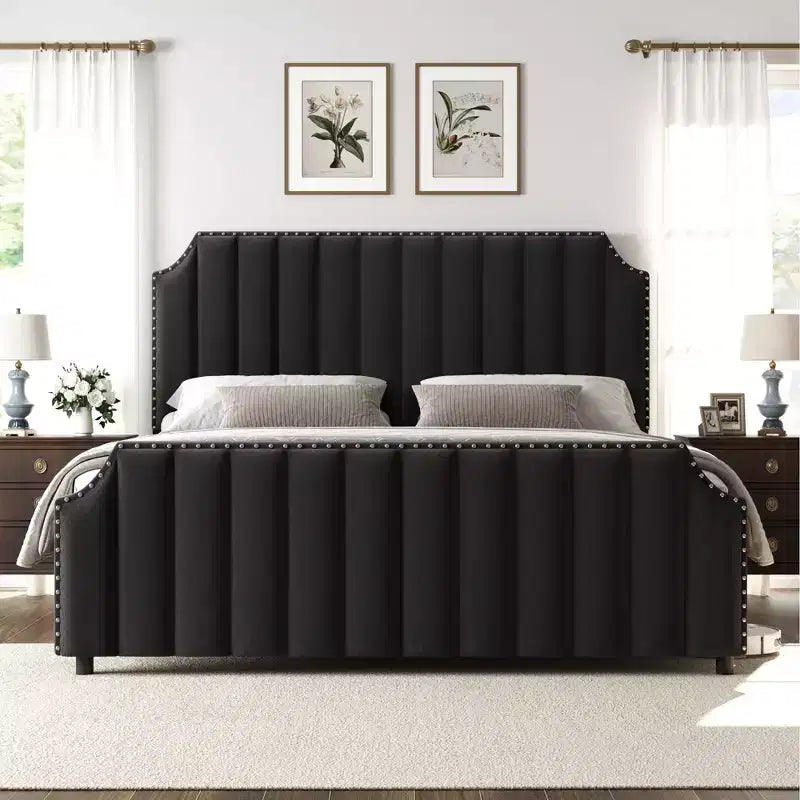 Queen Upholstered Platform Bed Frame with Headboard & Footboard, Wood Slats, No Box Spring Needed, Black Flannel/Light Gray