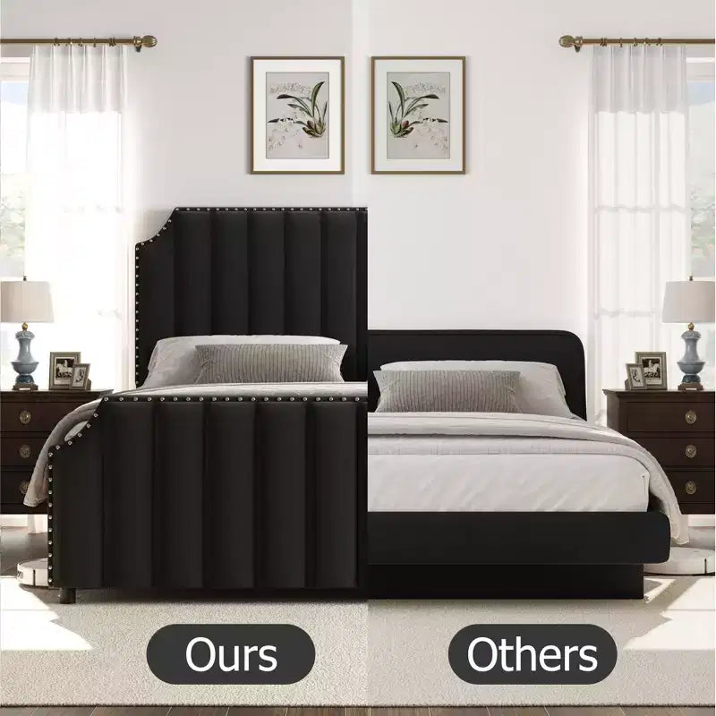 Queen Upholstered Platform Bed Frame with Headboard & Footboard, Wood Slats, No Box Spring Needed, Black Flannel/Light Gray