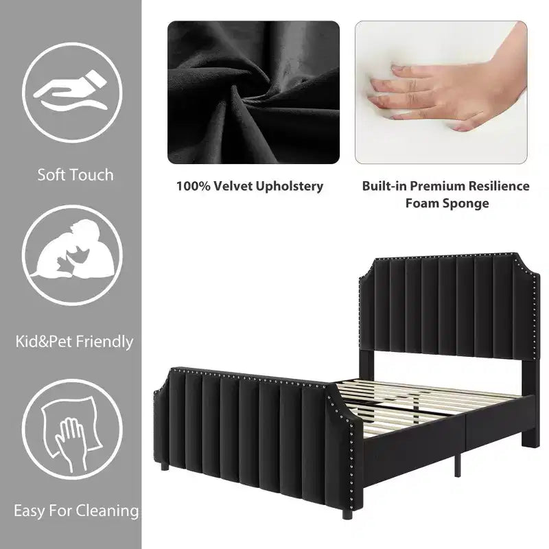 Queen Upholstered Platform Bed Frame with Headboard & Footboard, Wood Slats, No Box Spring Needed, Black Flannel/Light Gray