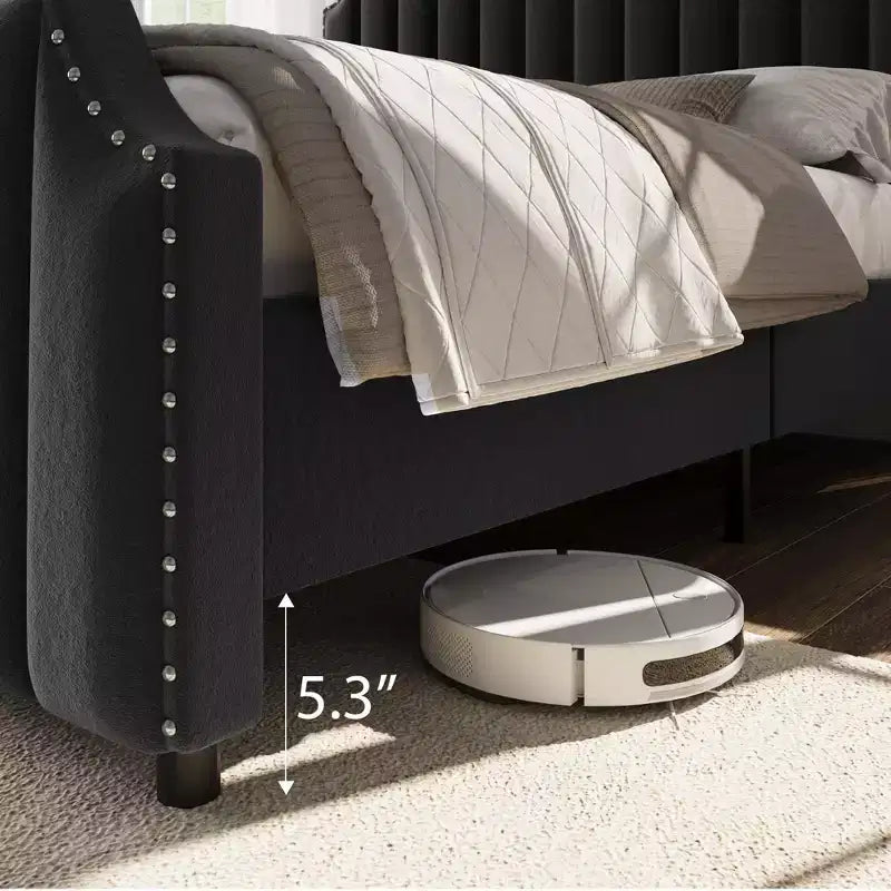 Queen Upholstered Platform Bed Frame with Headboard & Footboard, Wood Slats, No Box Spring Needed, Black Flannel/Light Gray
