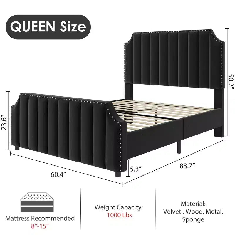 Queen Upholstered Platform Bed Frame with Headboard & Footboard, Wood Slats, No Box Spring Needed, Black Flannel/Light Gray