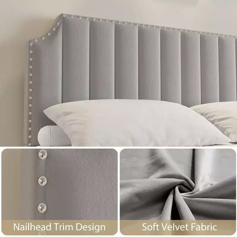 Queen Upholstered Platform Bed Frame with Headboard & Footboard, Wood Slats, No Box Spring Needed, Black Flannel/Light Gray