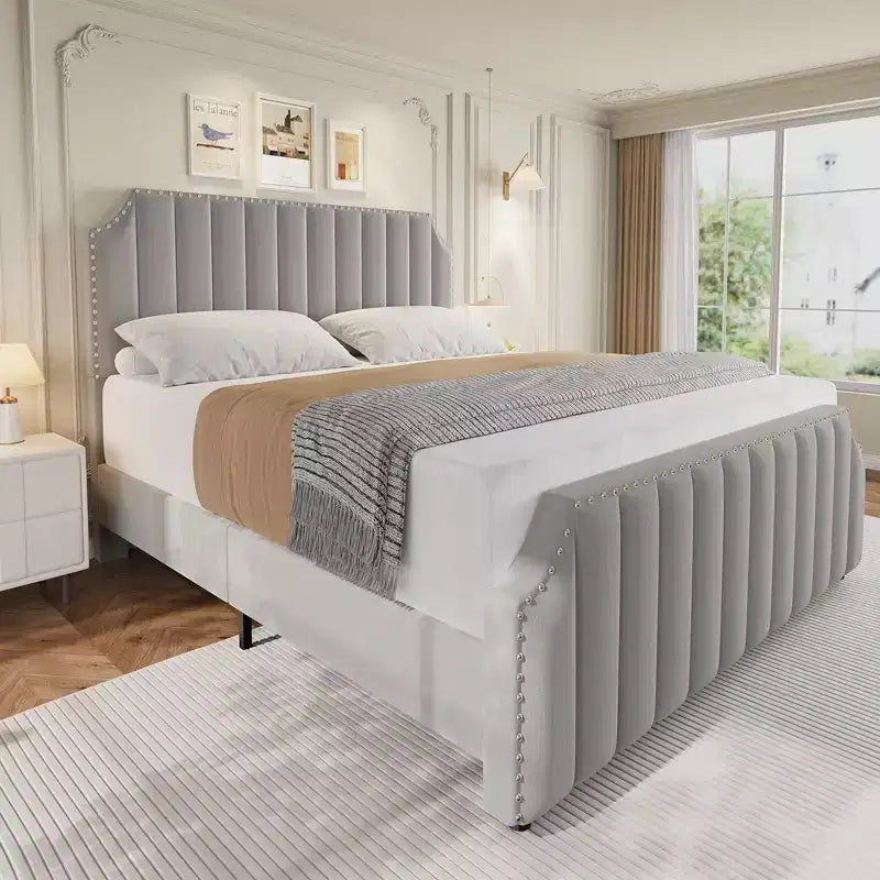 Queen Upholstered Platform Bed Frame with Headboard & Footboard, Wood Slats, No Box Spring Needed, Black Flannel/Light Gray