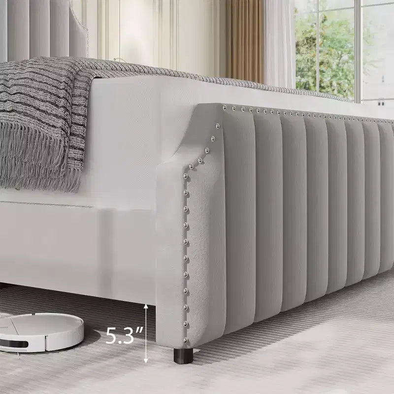 Queen Upholstered Platform Bed Frame with Headboard & Footboard, Wood Slats, No Box Spring Needed, Black Flannel/Light Gray