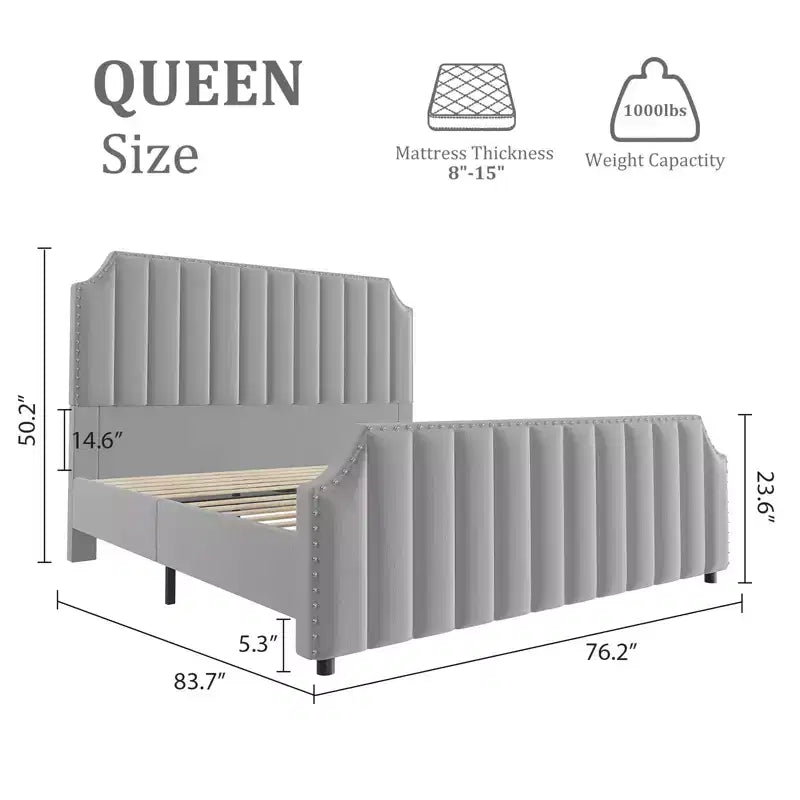 Queen Upholstered Platform Bed Frame with Headboard & Footboard, Wood Slats, No Box Spring Needed, Black Flannel/Light Gray
