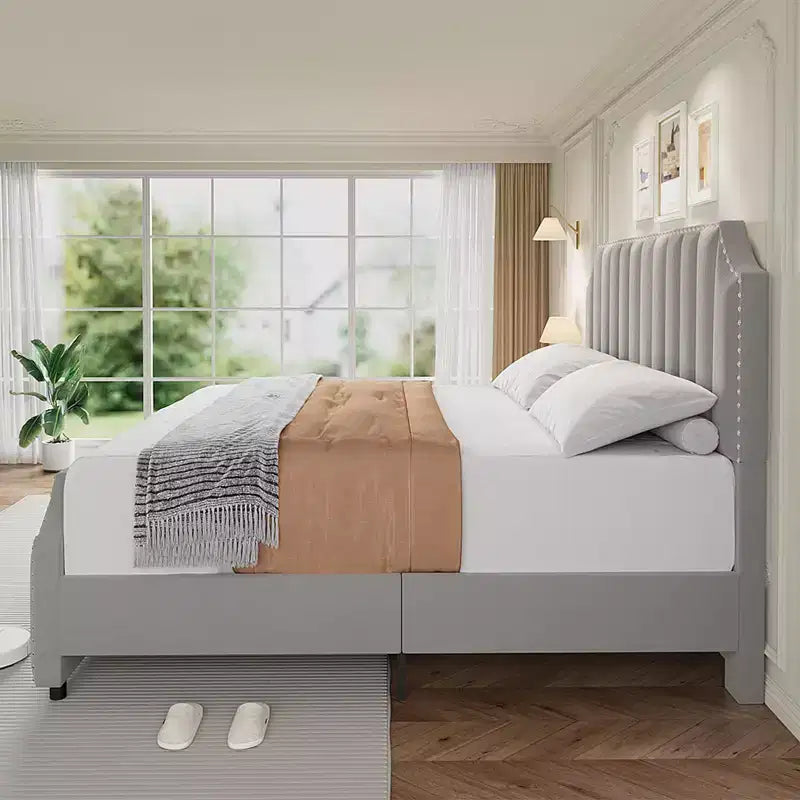 Queen Upholstered Platform Bed Frame with Headboard & Footboard, Wood Slats, No Box Spring Needed, Black Flannel/Light Gray