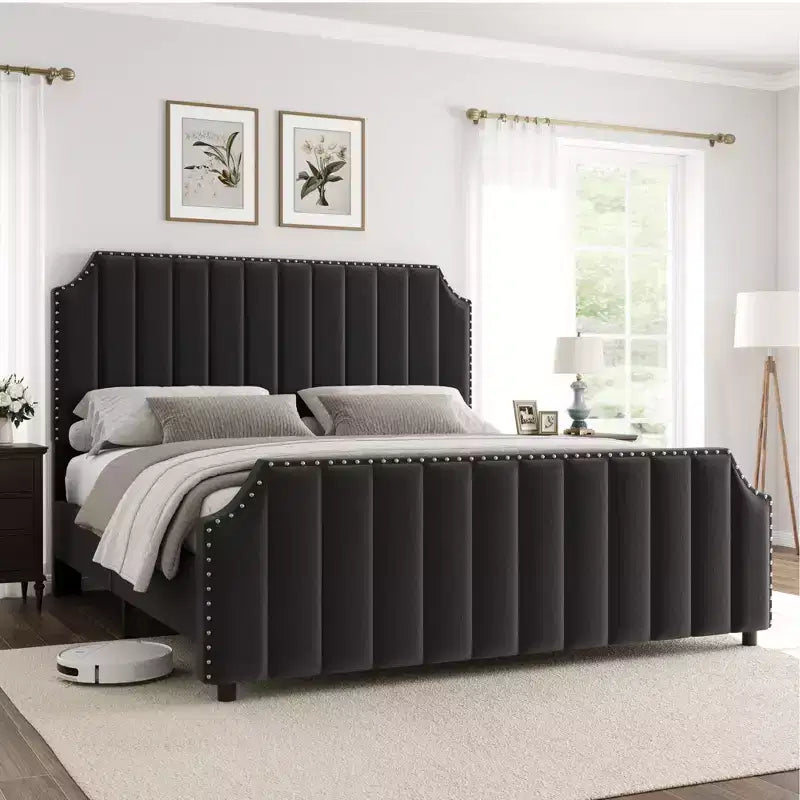 Queen Upholstered Platform Bed Frame with Headboard & Footboard, Wood Slats, No Box Spring Needed, Black Flannel/Light Gray