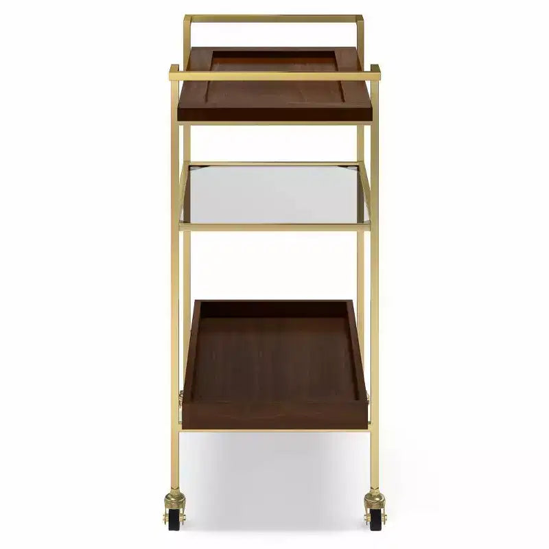 Moyer Bar Cart Cognac - WyndenHall: Gold Finish, 3-Tier Storage, Tempered Glass Shelf, Mobile