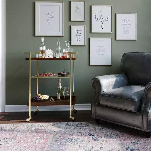 Moyer Bar Cart Cognac - WyndenHall: Gold Finish, 3-Tier Storage, Tempered Glass Shelf, Mobile