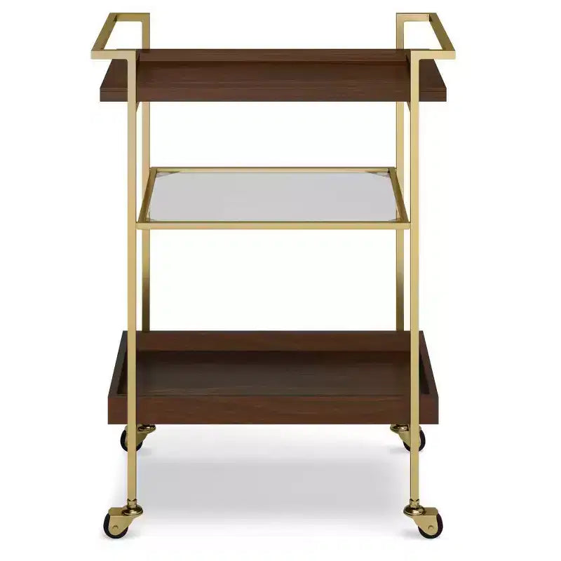 Moyer Bar Cart Cognac - WyndenHall: Gold Finish, 3-Tier Storage, Tempered Glass Shelf, Mobile