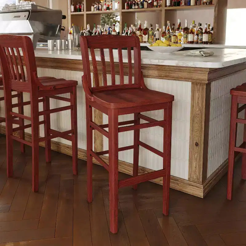 Flash Furniture 2 Pack HERCULES Series School House Back Mahogany Wood Restaurant Barstool