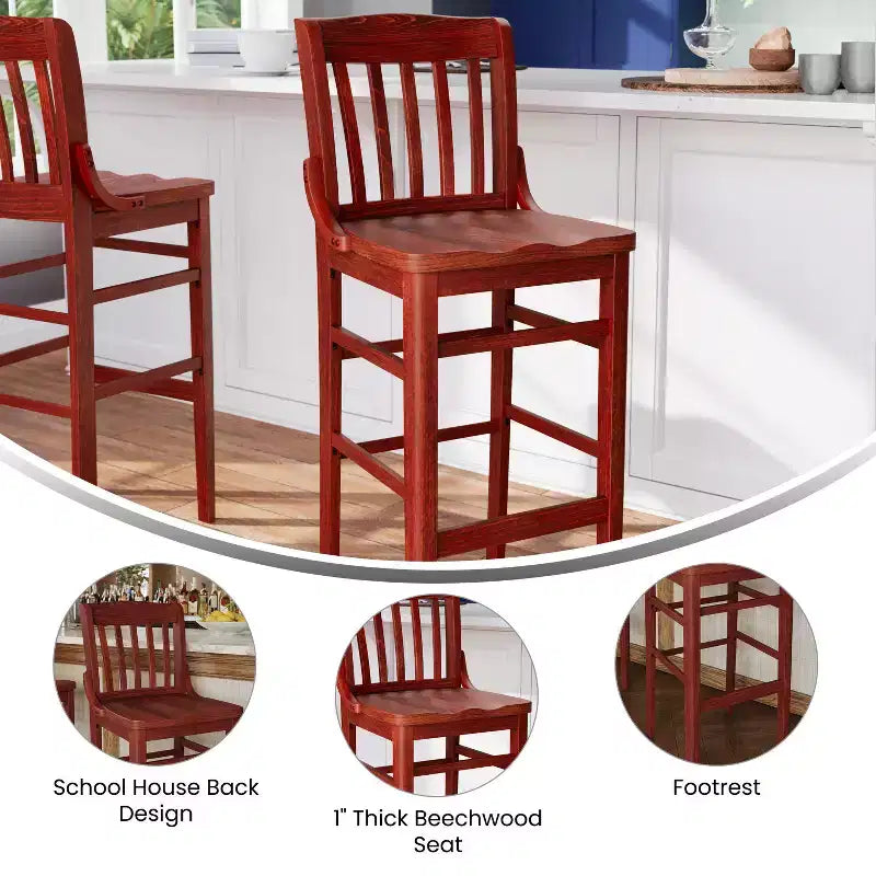 Flash Furniture 2 Pack HERCULES Series School House Back Mahogany Wood Restaurant Barstool