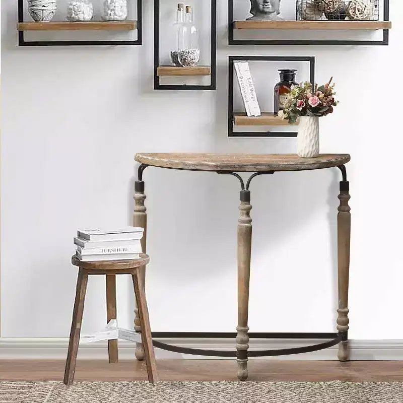 LuxenHome Rustic Wood and Metal Half Moon Console and Entry Table Brown