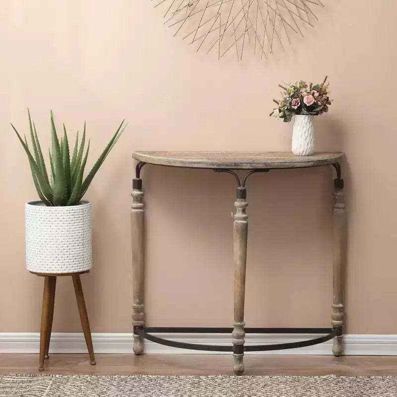 LuxenHome Rustic Wood and Metal Half Moon Console and Entry Table Brown