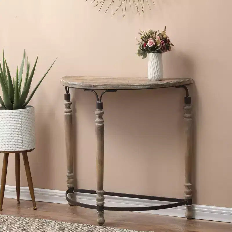LuxenHome Rustic Wood and Metal Half Moon Console and Entry Table Brown