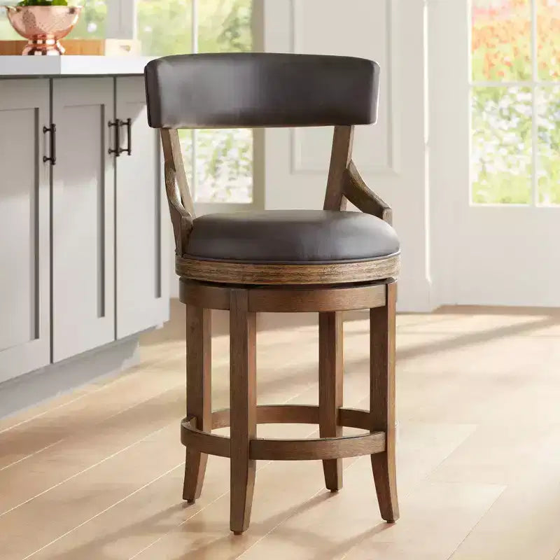 55 Downing Street Wood Swivel Bar Stool Smoke 24 High Rustic Vintage Gray Faux Leather Cushion Backrest Footrest for Kitchen Counter Island Home Shed