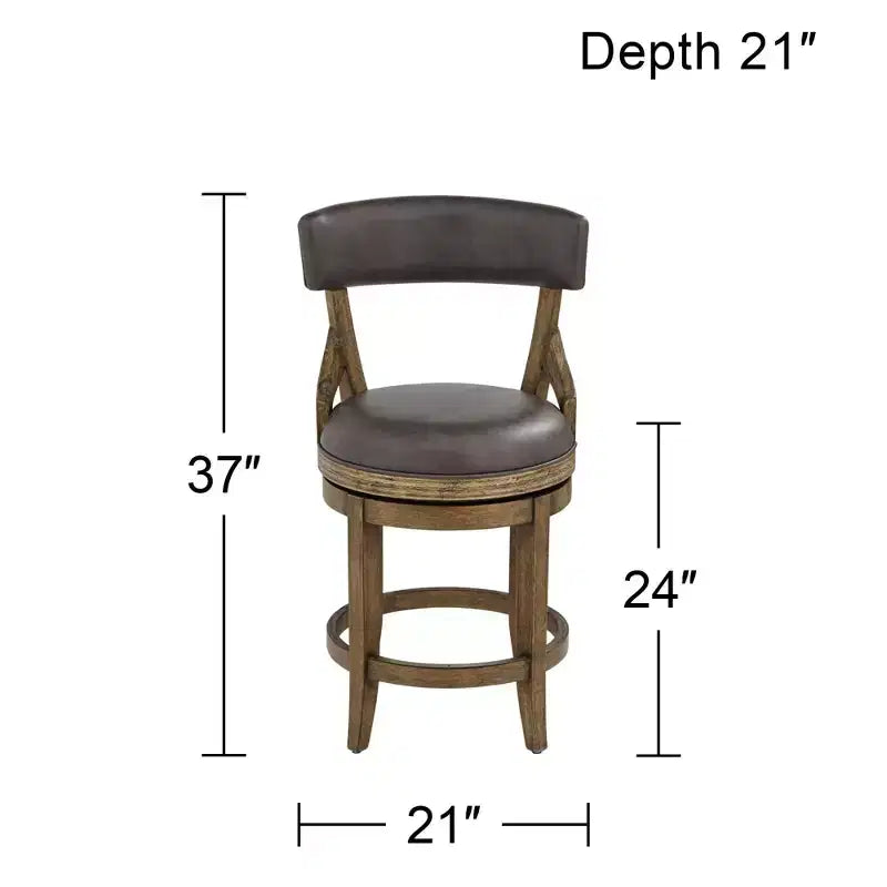 55 Downing Street Wood Swivel Bar Stool Smoke 24 High Rustic Vintage Gray Faux Leather Cushion Backrest Footrest for Kitchen Counter Island Home Shed