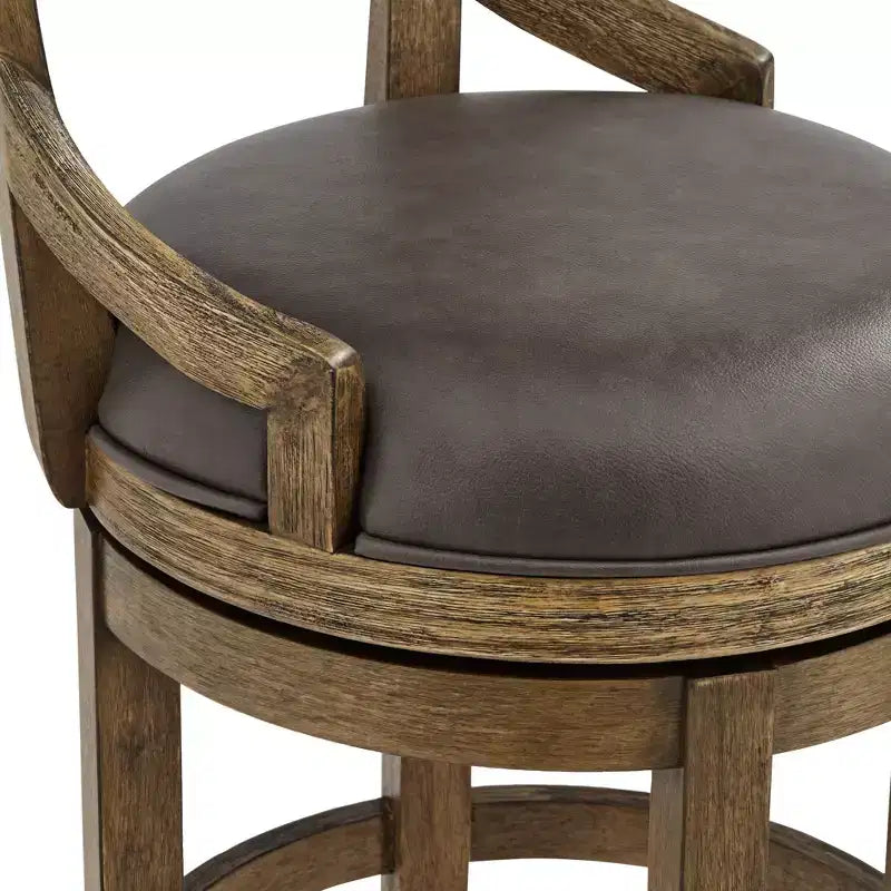 55 Downing Street Wood Swivel Bar Stool Smoke 24 High Rustic Vintage Gray Faux Leather Cushion Backrest Footrest for Kitchen Counter Island Home Shed