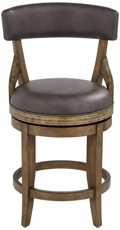 55 Downing Street Wood Swivel Bar Stool Smoke 24 High Rustic Vintage Gray Faux Leather Cushion Backrest Footrest for Kitchen Counter Island Home Shed