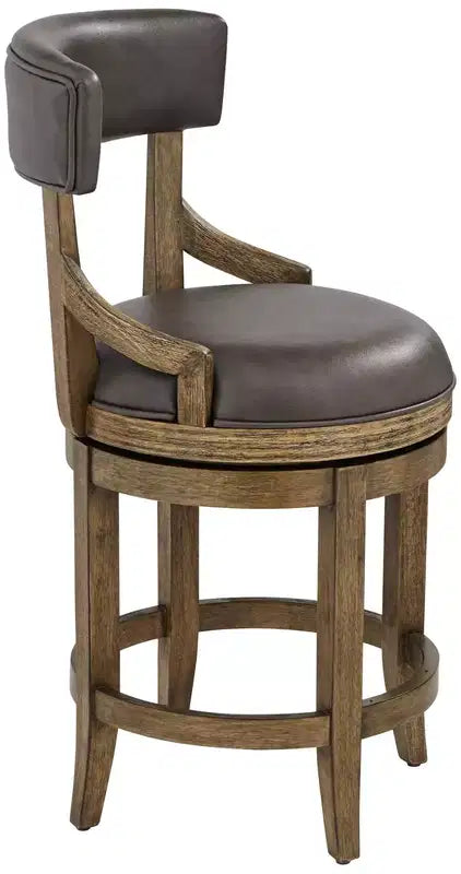 55 Downing Street Wood Swivel Bar Stool Smoke 24 High Rustic Vintage Gray Faux Leather Cushion Backrest Footrest for Kitchen Counter Island Home Shed
