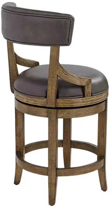 55 Downing Street Wood Swivel Bar Stool Smoke 24 High Rustic Vintage Gray Faux Leather Cushion Backrest Footrest for Kitchen Counter Island Home Shed
