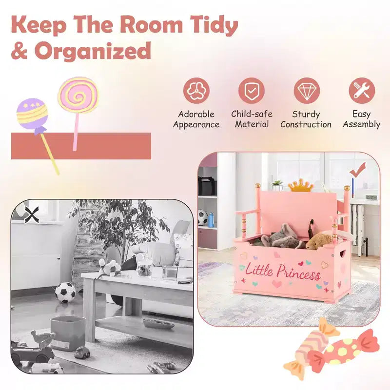 Costway Kids Princess Wooden Bench Seat Toy Box Storage Organizer Children Playroom Pink