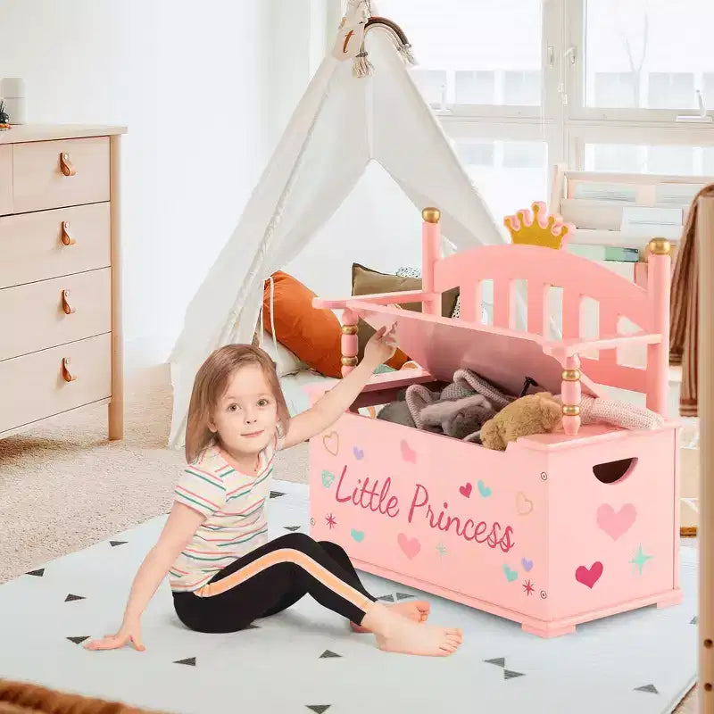 Costway Kids Princess Wooden Bench Seat Toy Box Storage Organizer Children Playroom Pink