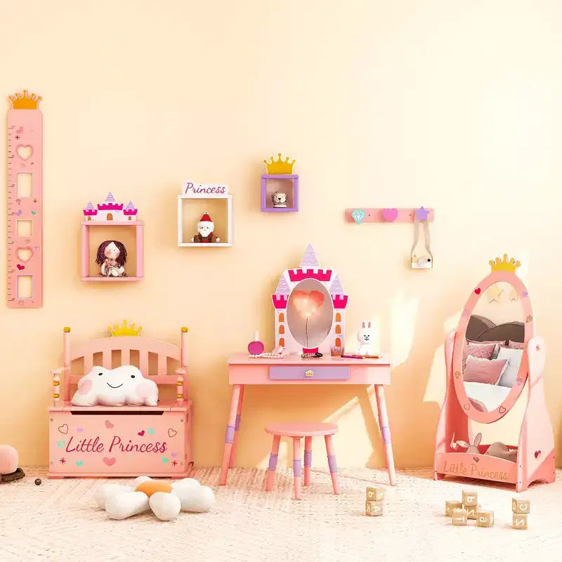 Costway Kids Princess Wooden Bench Seat Toy Box Storage Organizer Children Playroom Pink