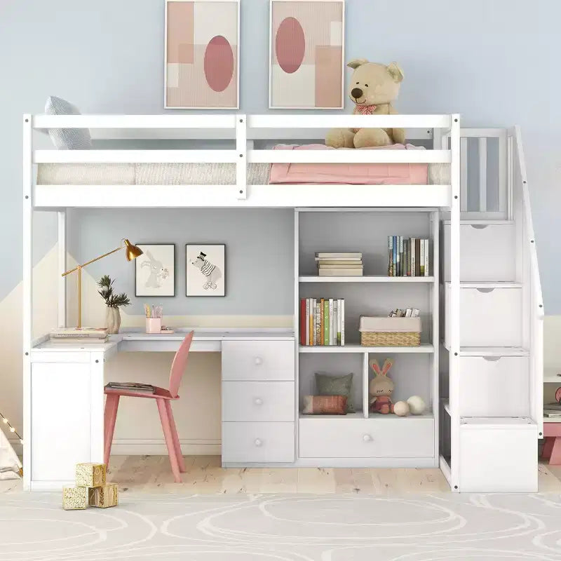 Twin Size Loft Bed with L Shaped Desk, Drawers, Storage and Storage Staircase - ModernLuxe