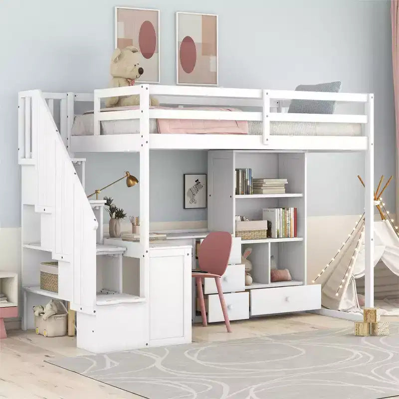 Twin Size Loft Bed with L Shaped Desk, Drawers, Storage and Storage Staircase - ModernLuxe