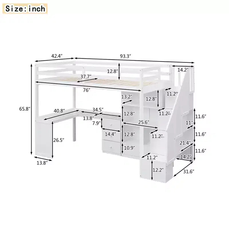 Twin Size Loft Bed with L Shaped Desk, Drawers, Storage and Storage Staircase - ModernLuxe