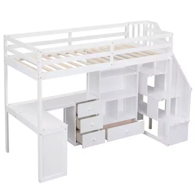 Twin Size Loft Bed with L Shaped Desk, Drawers, Storage and Storage Staircase - ModernLuxe