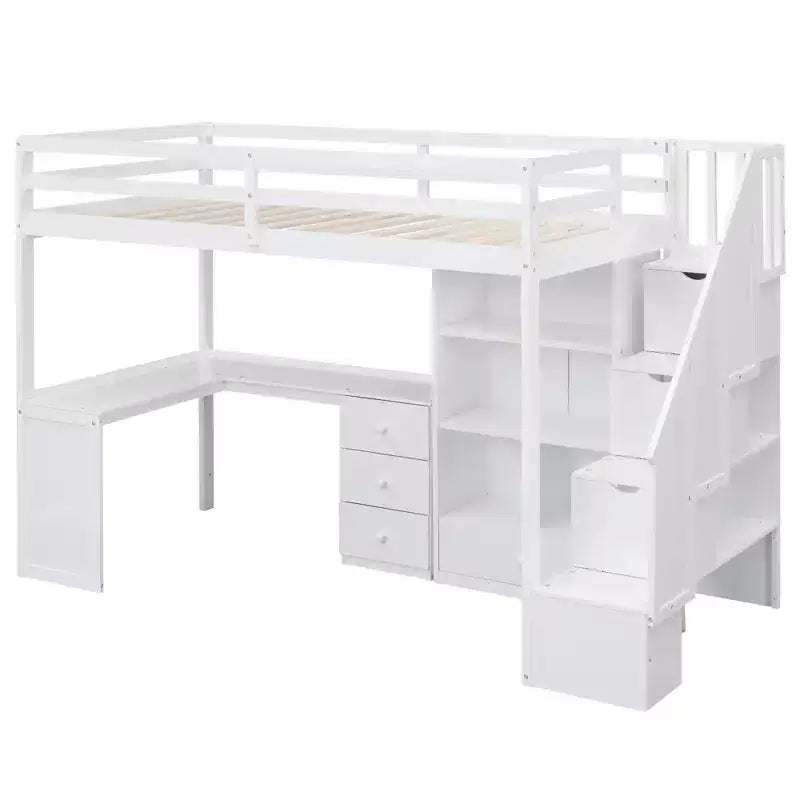 Twin Size Loft Bed with L Shaped Desk, Drawers, Storage and Storage Staircase - ModernLuxe