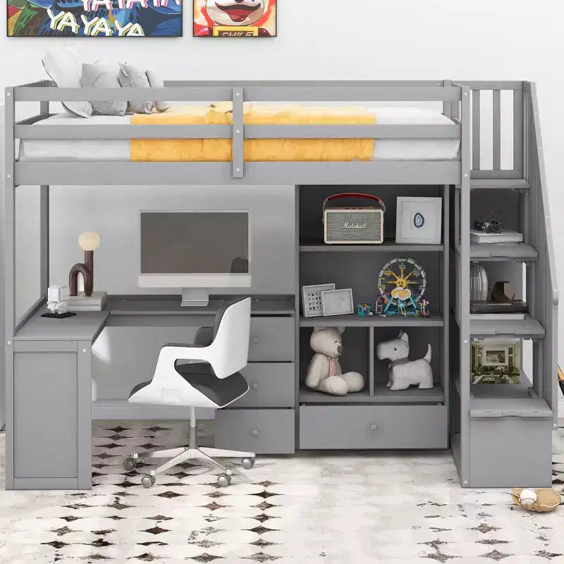 Twin Size Loft Bed with L Shaped Desk, Drawers, Storage and Storage Staircase - ModernLuxe