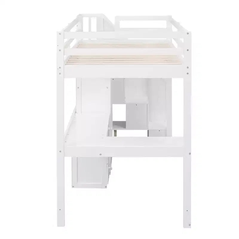 Twin Size Loft Bed with L Shaped Desk, Drawers, Storage and Storage Staircase - ModernLuxe
