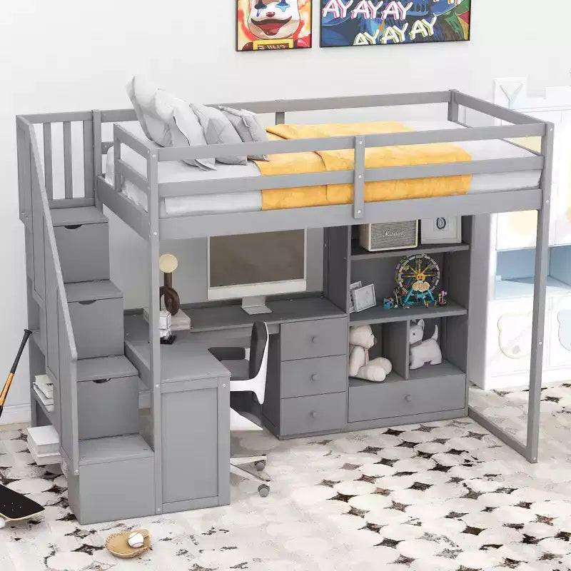 Twin Size Loft Bed with L Shaped Desk, Drawers, Storage and Storage Staircase - ModernLuxe