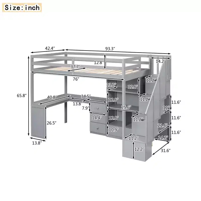 Twin Size Loft Bed with L Shaped Desk, Drawers, Storage and Storage Staircase - ModernLuxe