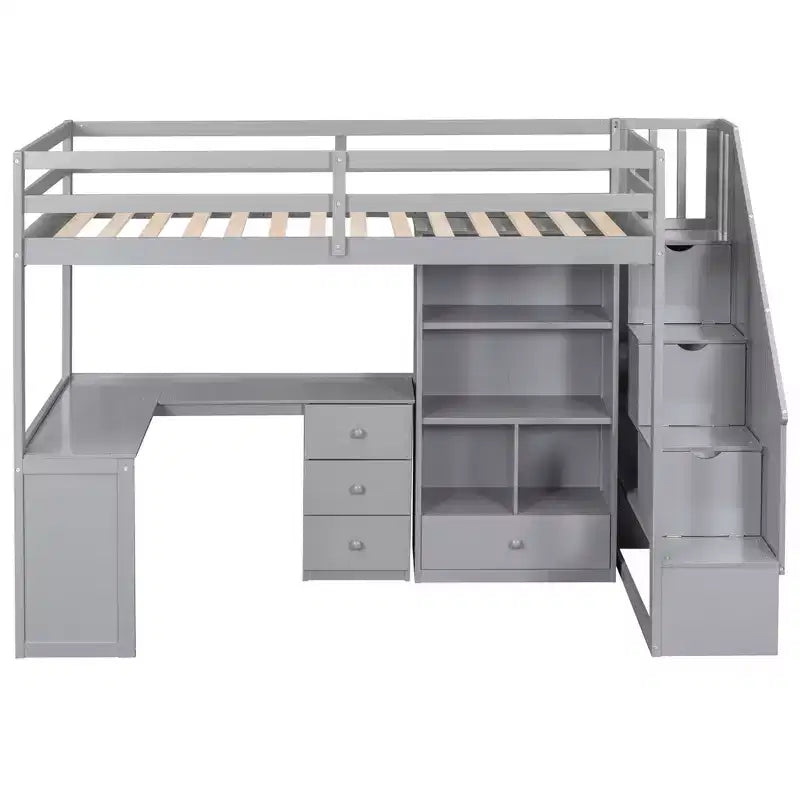 Twin Size Loft Bed with L Shaped Desk, Drawers, Storage and Storage Staircase - ModernLuxe