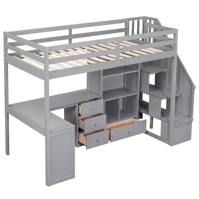 Twin Size Loft Bed with L Shaped Desk, Drawers, Storage and Storage Staircase - ModernLuxe
