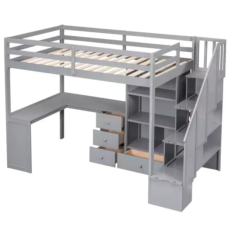 Twin Size Loft Bed with L Shaped Desk, Drawers, Storage and Storage Staircase - ModernLuxe