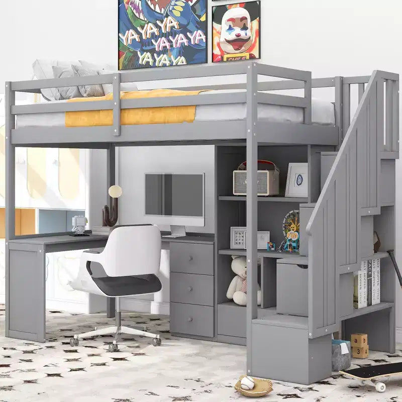 Twin Size Loft Bed with L Shaped Desk, Drawers, Storage and Storage Staircase - ModernLuxe