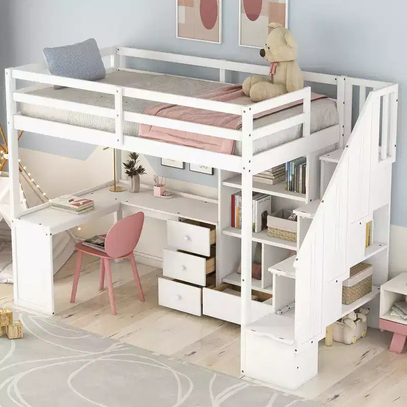 Twin Size Loft Bed with L Shaped Desk, Drawers, Storage and Storage Staircase - ModernLuxe