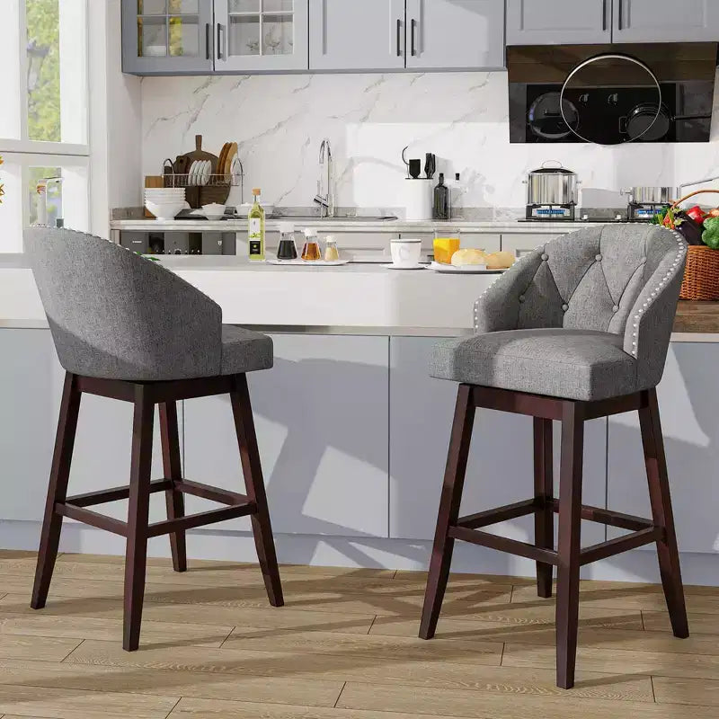 Costway Set of 2 Swivel Bar Stools Tufted Bar Height Pub Chairs with Rubber Wood Legs Grey/Beige