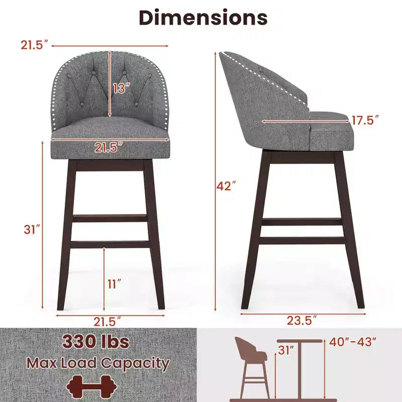 Costway Set of 2 Swivel Bar Stools Tufted Bar Height Pub Chairs with Rubber Wood Legs Grey/Beige