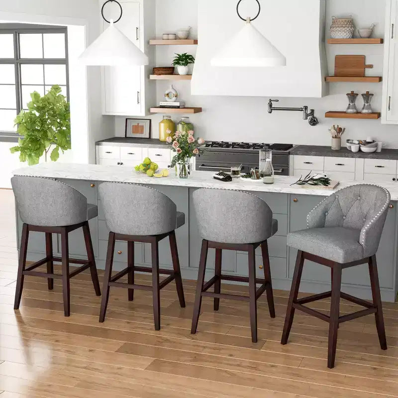 Costway Set of 2 Swivel Bar Stools Tufted Bar Height Pub Chairs with Rubber Wood Legs Grey/Beige