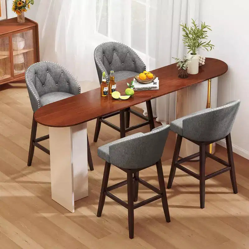 Costway Set of 2 Swivel Bar Stools Tufted Bar Height Pub Chairs with Rubber Wood Legs Grey/Beige