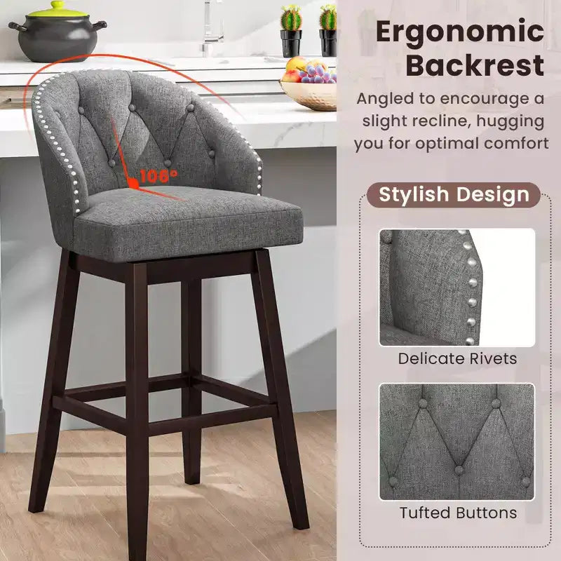 Costway Set of 2 Swivel Bar Stools Tufted Bar Height Pub Chairs with Rubber Wood Legs Grey/Beige