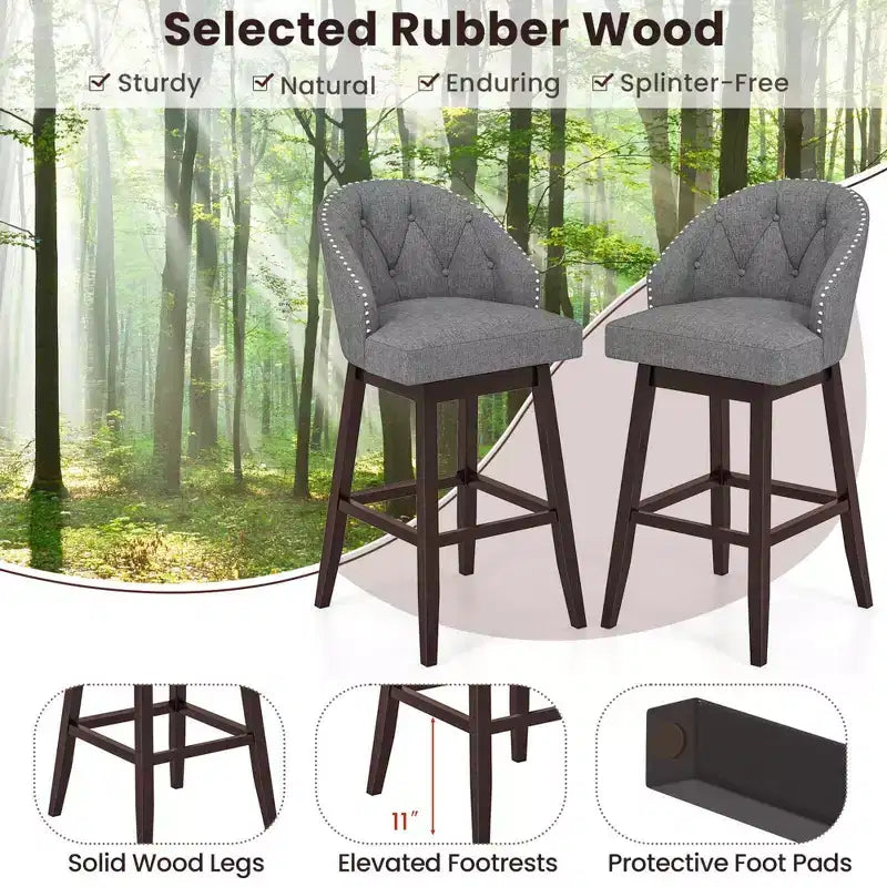 Costway Set of 2 Swivel Bar Stools Tufted Bar Height Pub Chairs with Rubber Wood Legs Grey/Beige