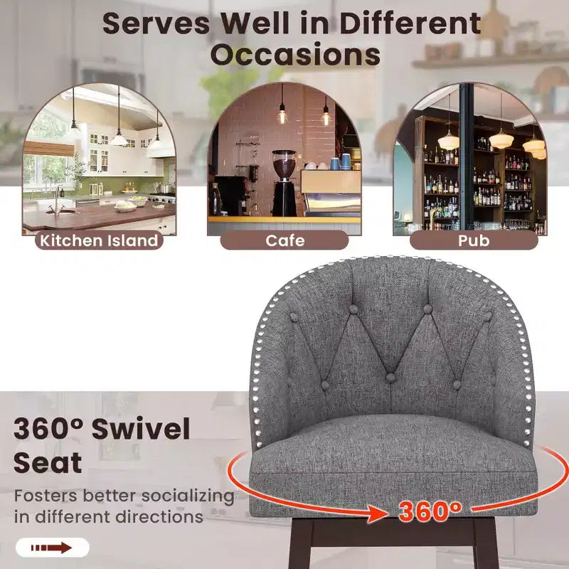 Costway Set of 2 Swivel Bar Stools Tufted Bar Height Pub Chairs with Rubber Wood Legs Grey/Beige