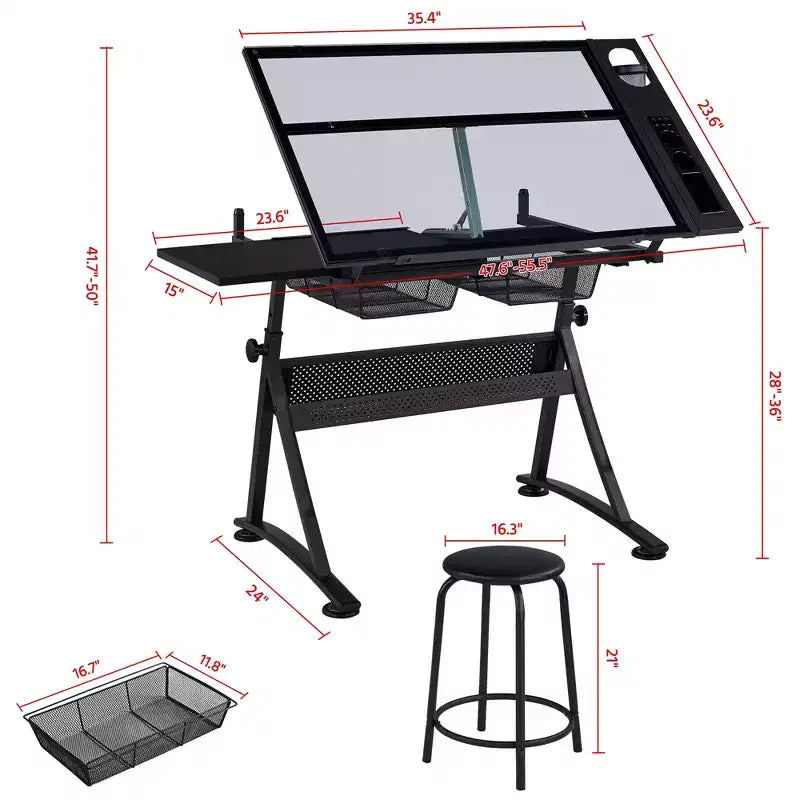 Yaheetech Adjustable Glass Drafting Table & Stool Set Black